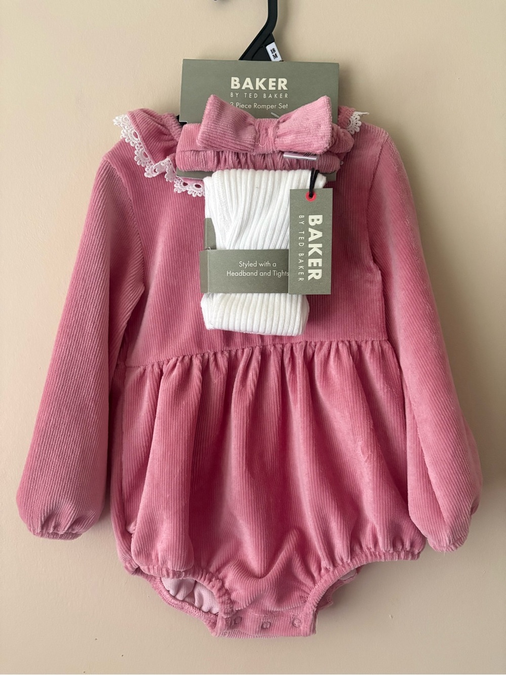 Ted Baker Pink Corduroy Romper Set with White Tights and Bow Headband Sz.18 M